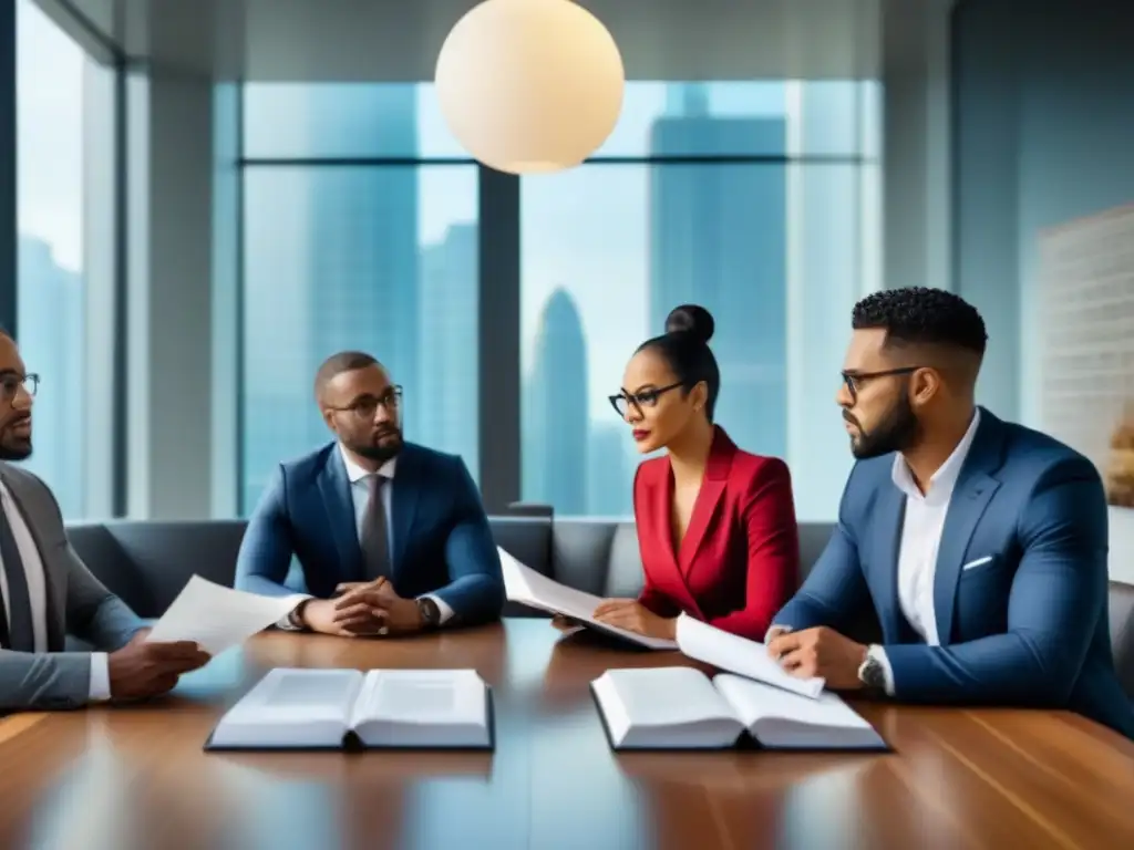 Profesionales debatiendo regulaciones legales en oficina moderna Profesionales discuten normativa local en inmuebles en oficina moderna y luminosa
