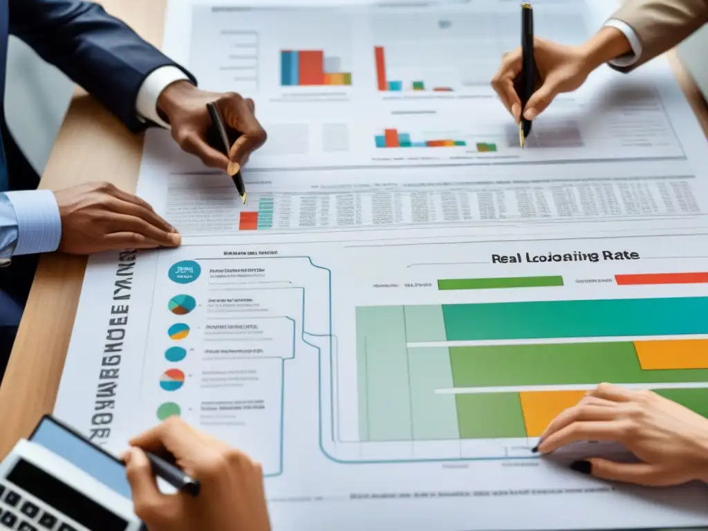 Profesionales analizan complejo flujo de regulaciones e intereses en préstamos inmobiliarios Profesionales analizando normativa local y tasas de interés en préstamos inmobiliarios