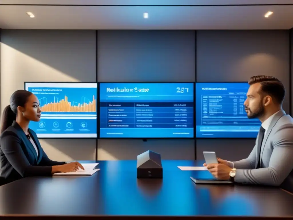 Profesionales debaten regulaciones financieras en sala futurista Profesionales diversos analizan normativas financiamiento inmobiliario guía en sala futurista
