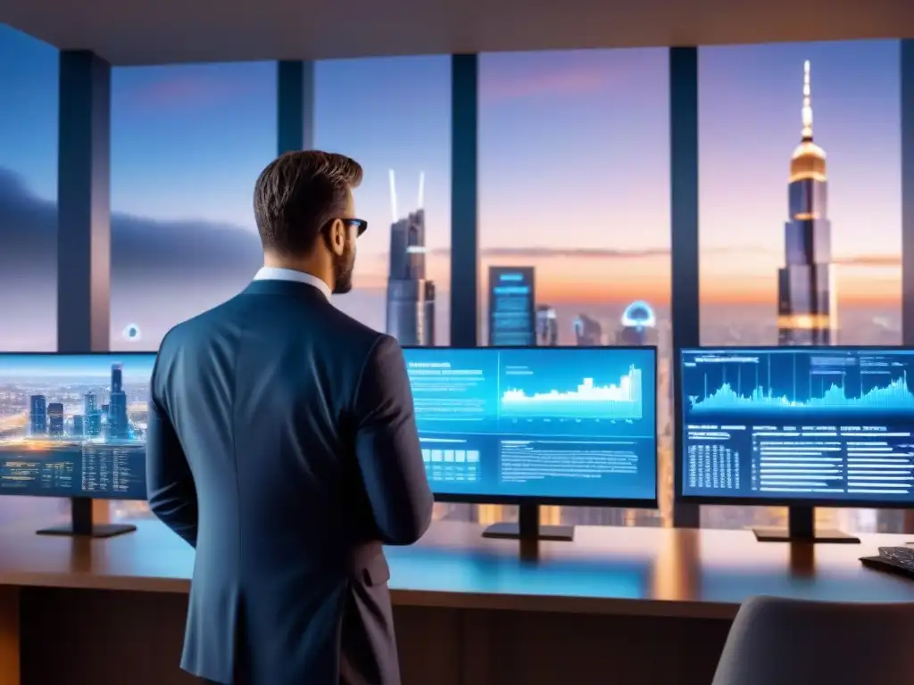 Horizonte futurista: profesionales debaten normativas inmobiliarias Profesionales analizando normativas inmobiliarias cumplimiento sanciones en ciudad futurista