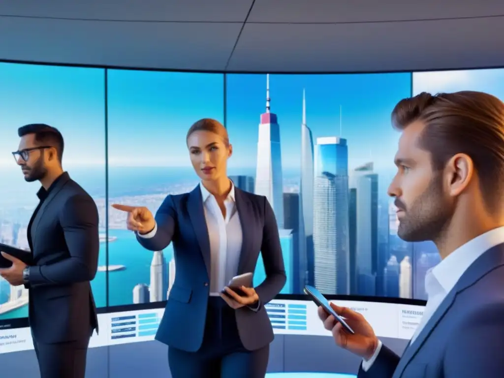 Vista panorámica: Colaboración financiera futurista Profesionales adaptándose en el nuevo panorama financiero, rodeados de tecnología y colaboración