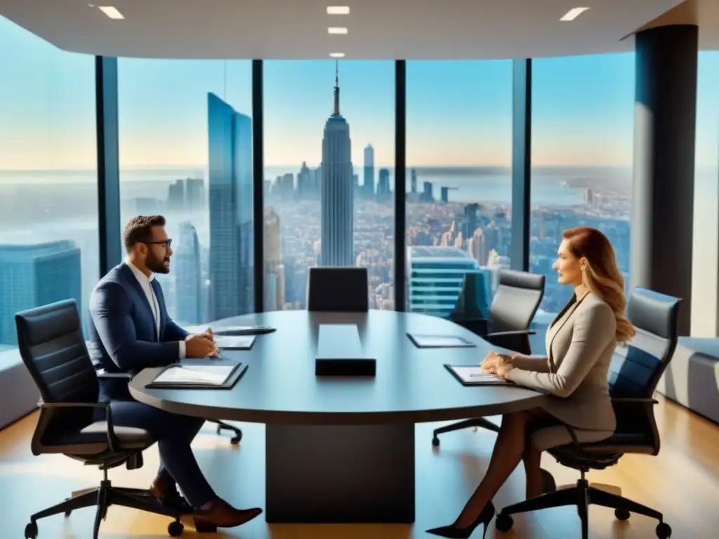 Profesionales en oficina financiera moderna con Fondos de Inversión Híbridos Inmobiliarios
