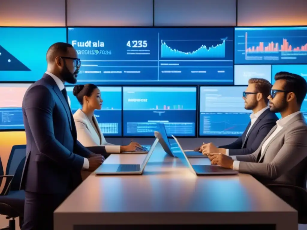 Profesionales innovadores analizan datos financieros en oficina futurista Profesionales colaboran en oficina futurista, analizando datos financieros