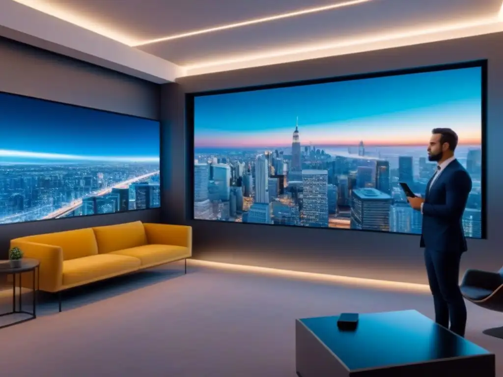 Oficina inmobiliaria futurista con tecnología holográfica y AR/VR Profesionales en oficina futurista con tecnología de Realidad Virtual vs Realidad Aumentada inmobiliaria