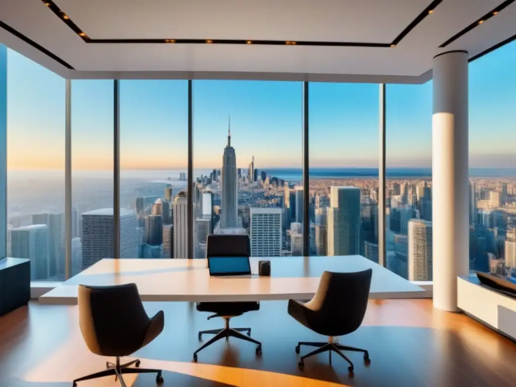 Oficina inmobiliaria de lujo: profesionales en reunión Profesionales en una oficina inmobiliaria moderna con vista a la ciudad y datos de inversión en pantalla