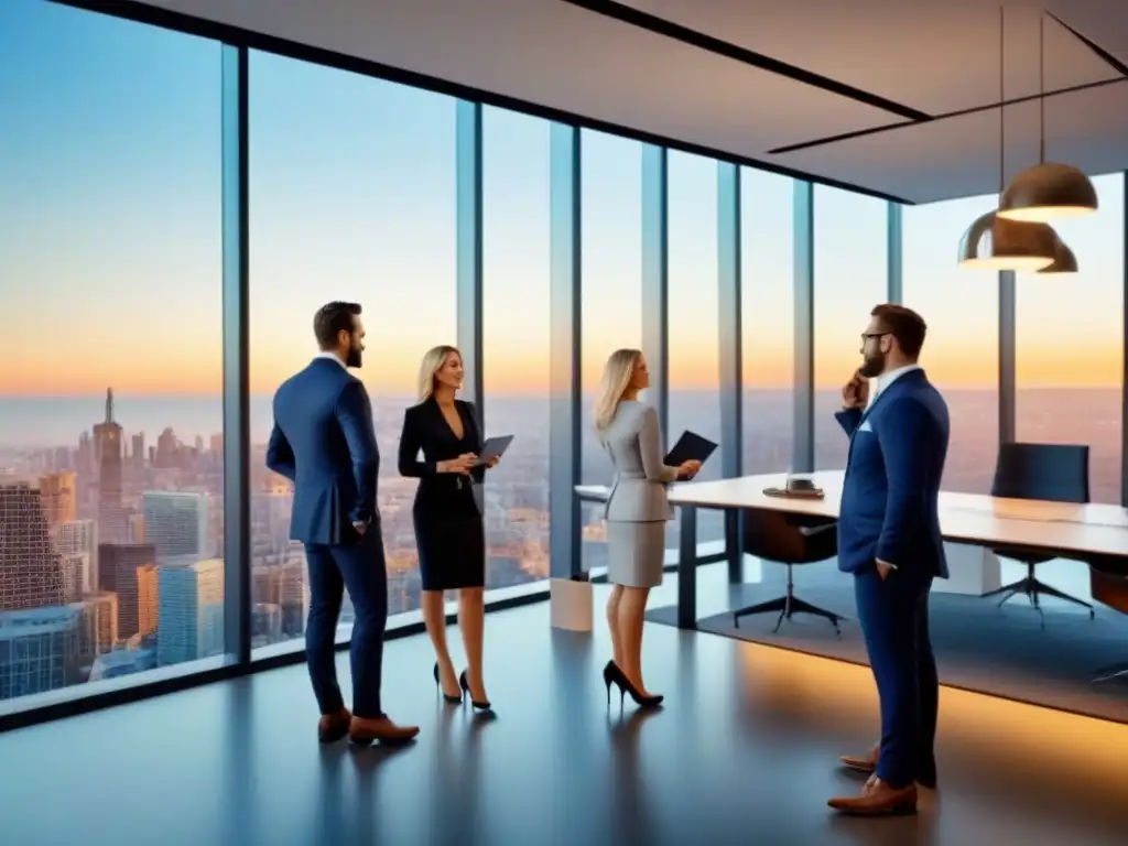 Oficina de lujo con profesionales debatiendo sobre bienes raíces Profesionales en oficina lujosa con vista a la ciudad, muebles modernos y gadgets de alta tecnología
