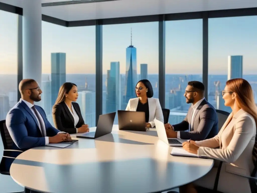 Profesionales diversos en oficina moderna de valoración inmobiliaria Profesionales diversos discuten en oficina moderna