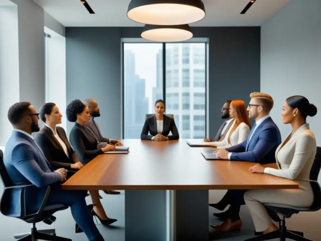 Profesionales diversos en reunión de negocios en una oficina contemporánea Profesionales diversos discuten en una oficina moderna