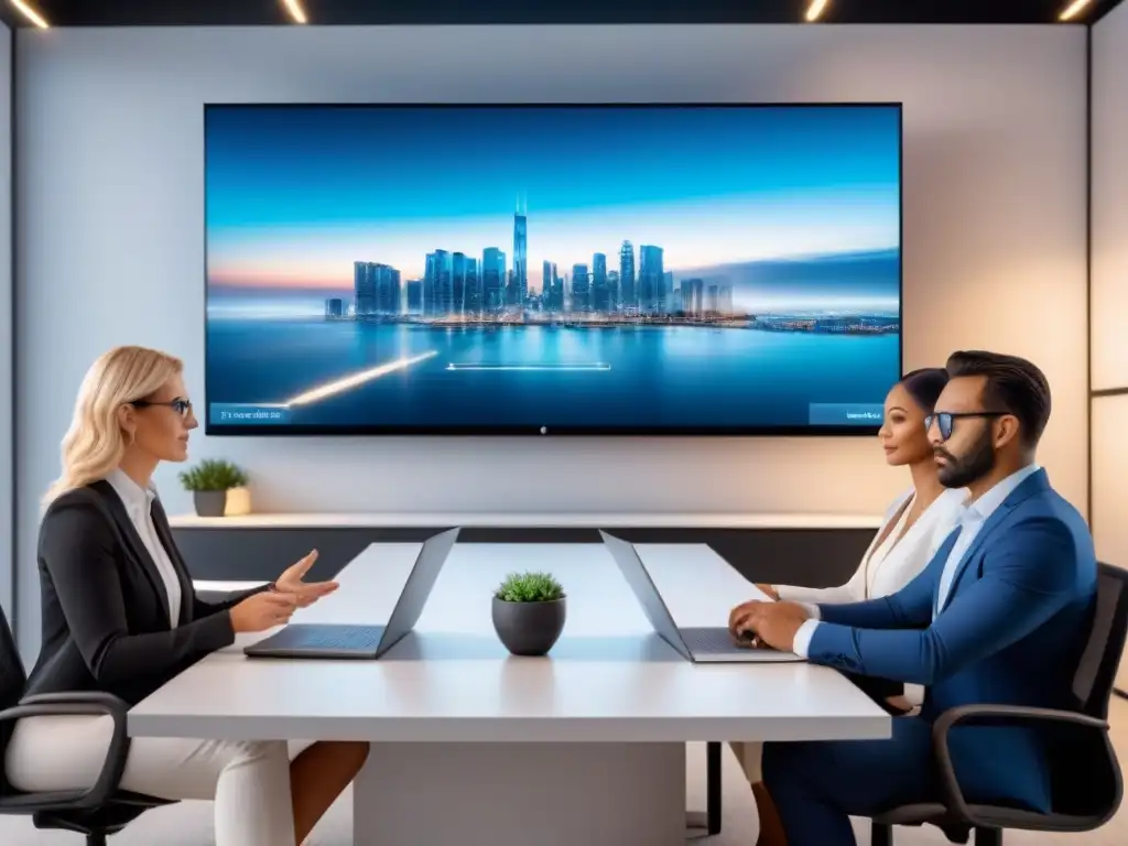 Oficina moderna e innovadora con profesionales colaborando en AI Profesionales en oficina moderna discuten Acceso financiamiento inmobiliario IA con tecnología avanzada