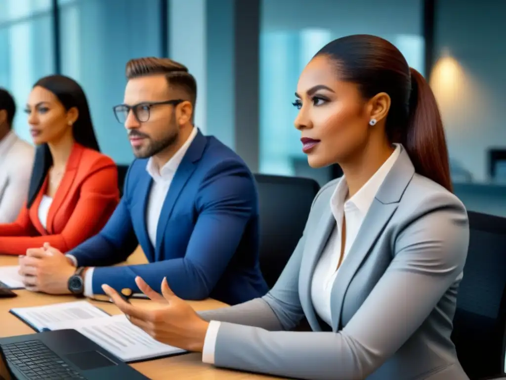 Profesionales en debate: hipotecas de tasa ajustable Profesionales en una oficina moderna discuten Préstamos ajuste de tasa inmobiliaria