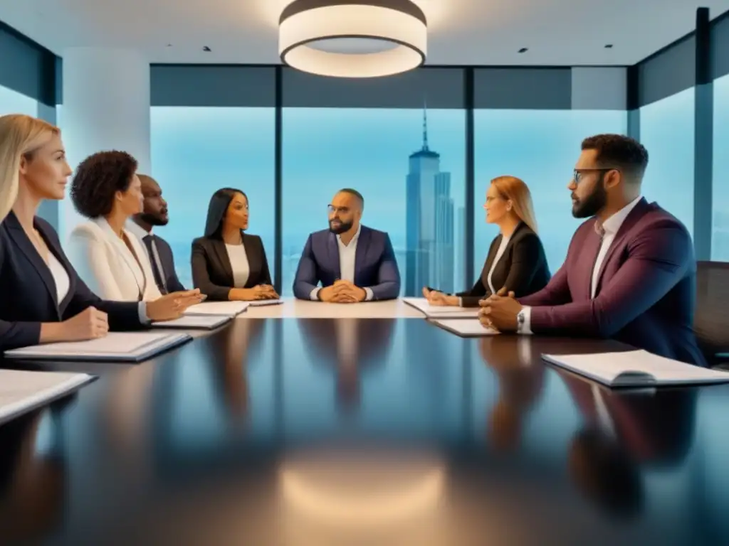 Profesionales en reunión estratégica en oficina moderna Profesionales en oficina moderna discuten sobre complicaciones legales en financiamiento de proyectos inmobiliarios