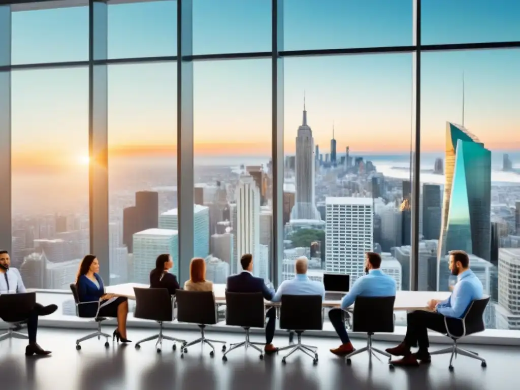 Panorama financiero: Innovación y profesionalismo en la ciudad Profesionales en oficina moderna, analizando datos financieros con vista a la ciudad