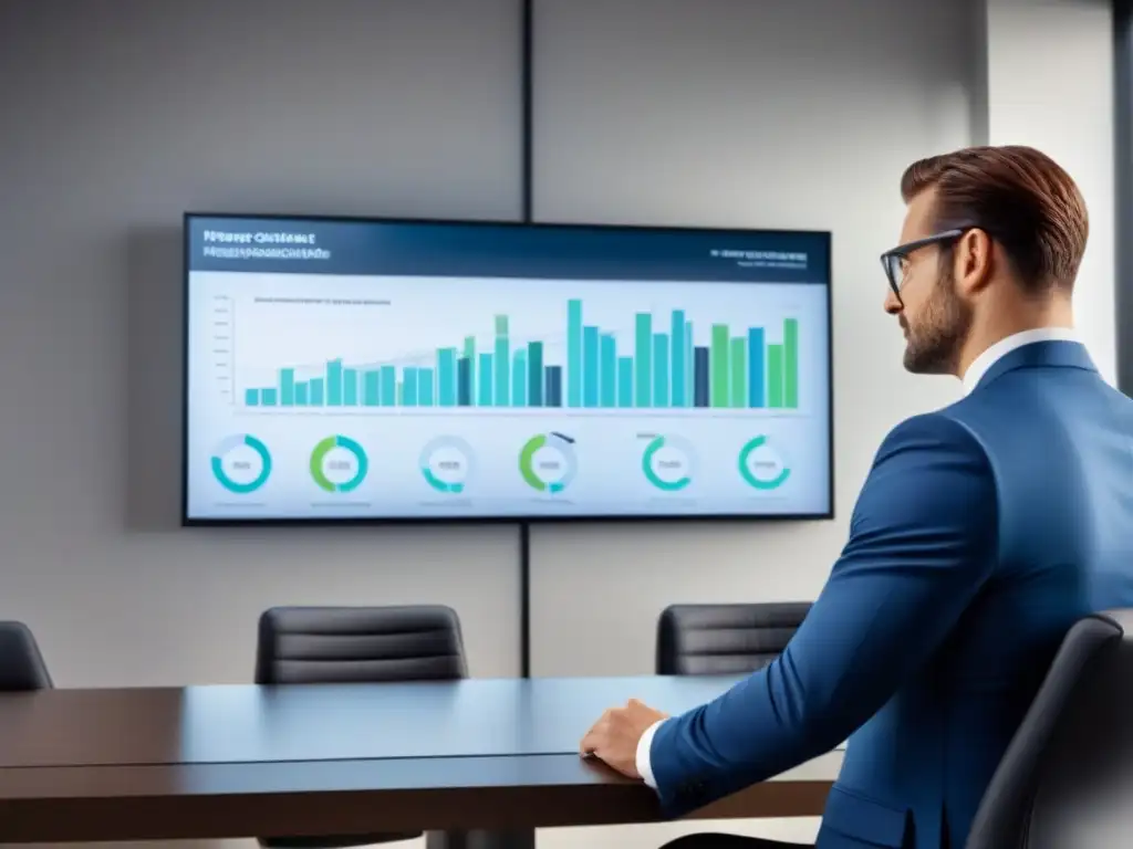 Profesionales en una oficina moderna, analizando datos de marketing inmobiliario en tiempo real