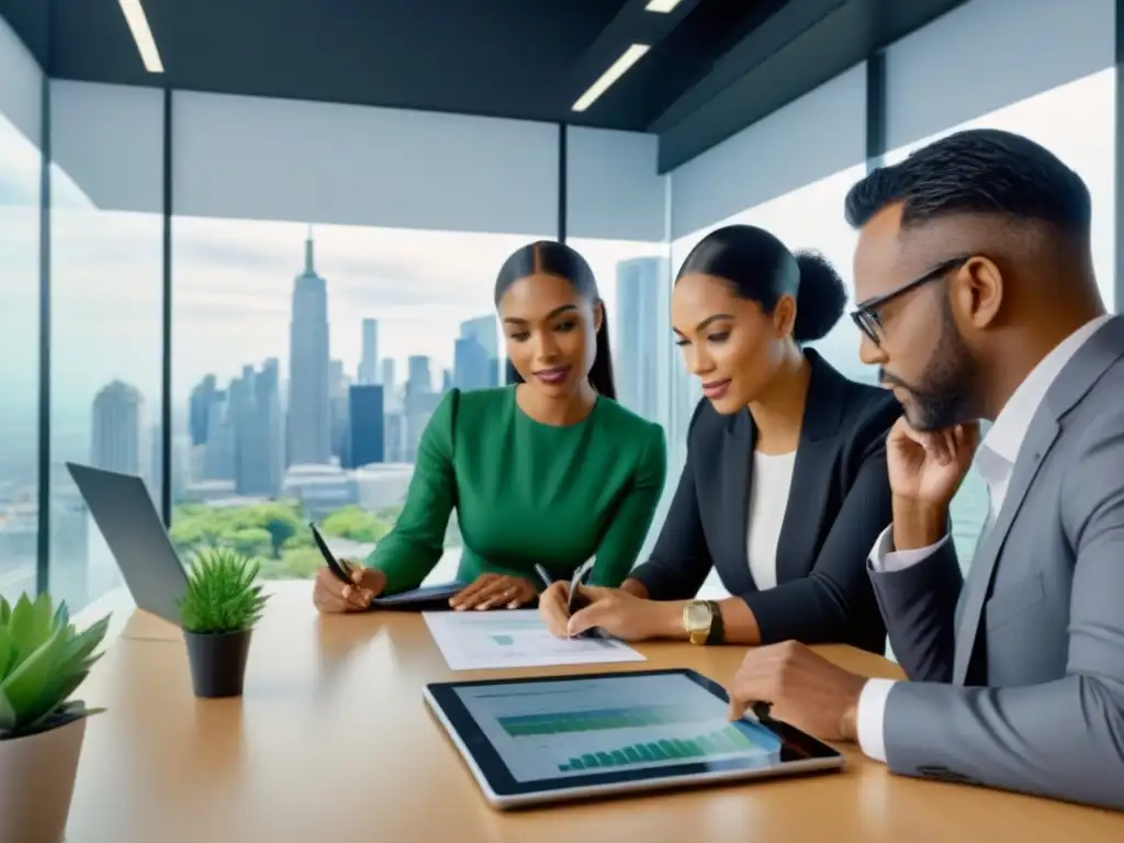 Profesionales diversificados analizan datos de inversión inmobiliaria en oficina moderna Profesionales colaboran en oficina moderna, analizando datos de inversión en REITs comerciales principiantes
