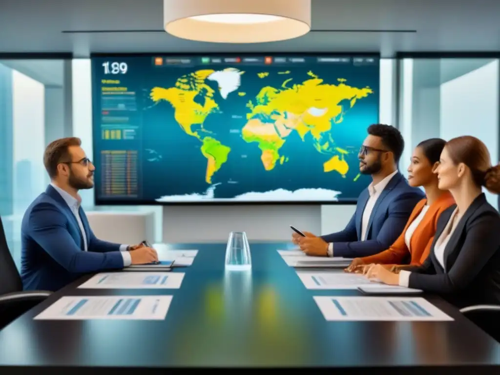Profesionales colaborando en una oficina moderna, discutiendo datos de planificación fiscal internacional inversionistas inmobiliarios
