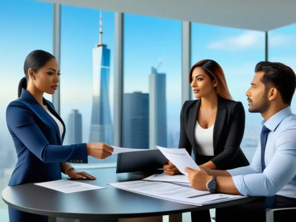 Profesionales en oficina moderna discuten documentos para préstamo inmobiliario en América Latina