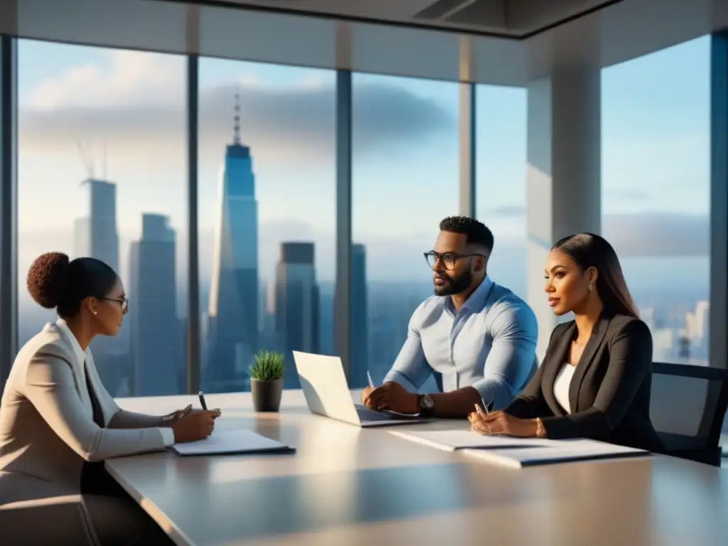 Profesionales colaborando en oficina moderna con vista a la ciudad Profesionales colaborando en una oficina moderna, revisando documentos sobre préstamos puente para desarrollo comercial