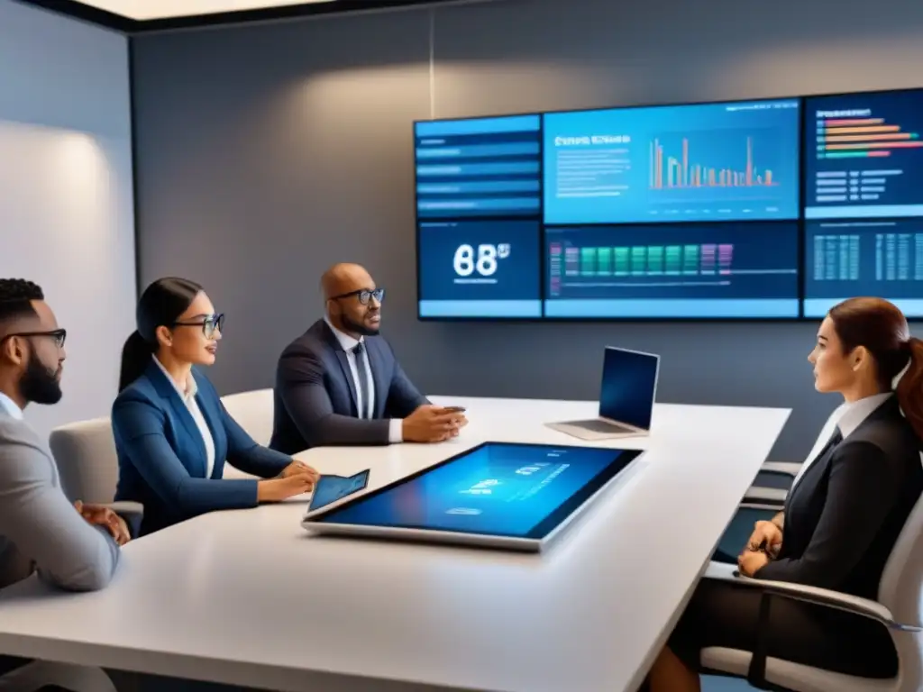 Equipo diverso en reunión de negocios en oficina moderna Profesionales colaborando en una oficina moderna y elegante