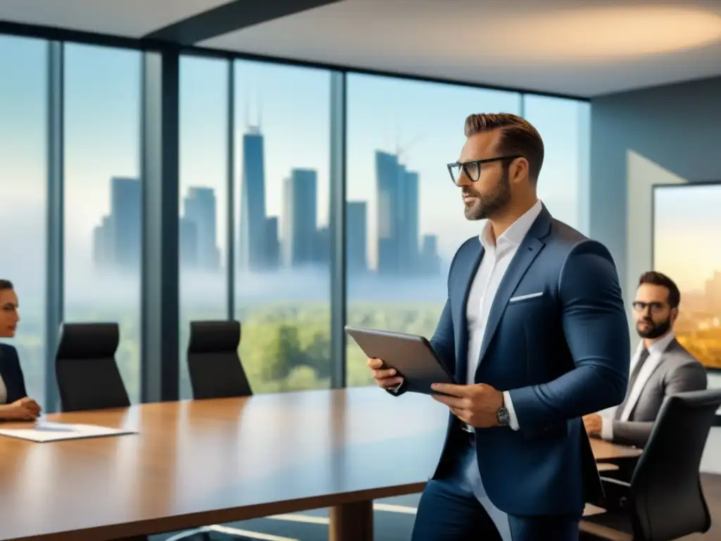 Reunión de negocios enfocada en análisis de inversiones inmobiliarias Profesionales en oficina moderna con enfoque en Prevención Fraudes Préstamos Inmobiliarios