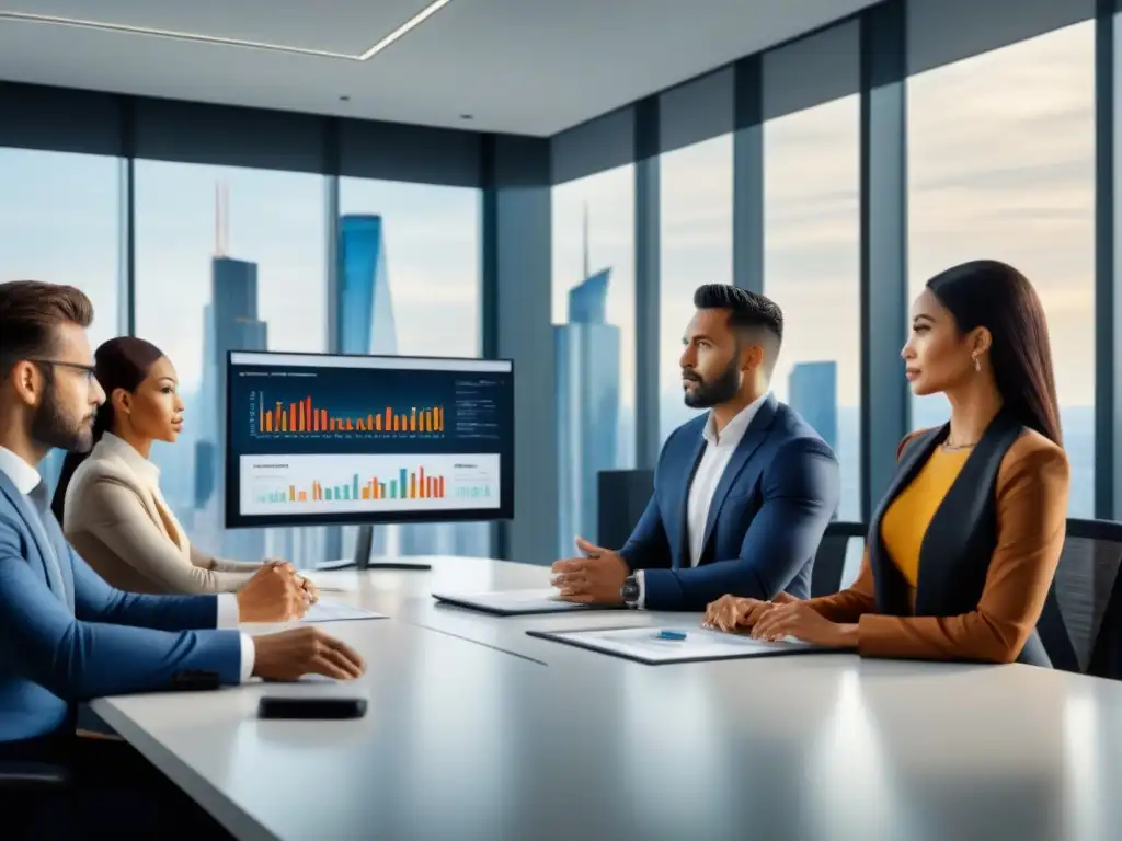 Profesionales diversificados en reunión sobre inversiones inmobiliarias Profesionales en oficina moderna discuten estrategias de inversión inmobiliaria