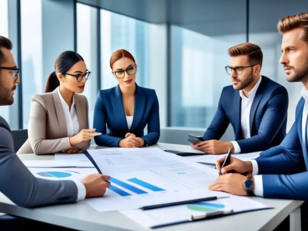 Profesionales en oficina moderna discuten financiamiento inmobiliario con formación ética