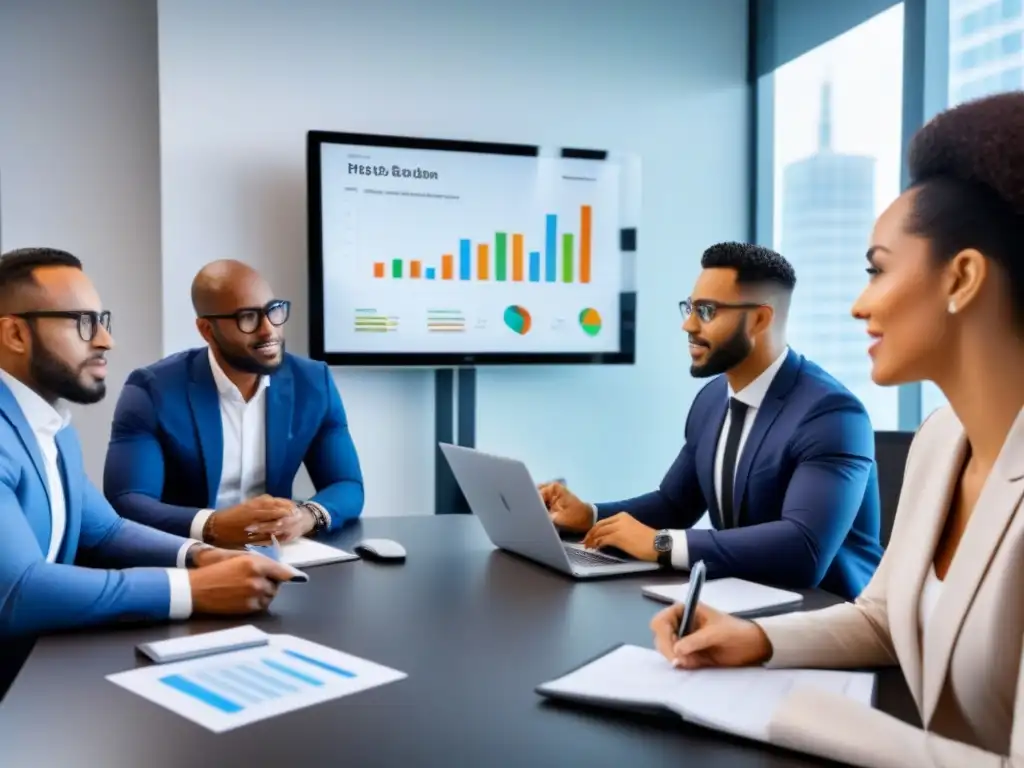Brainstorming inclusivo sobre financiamiento inmobiliario Profesionales en oficina moderna, colaborando en financiamiento inmobiliario para minorías