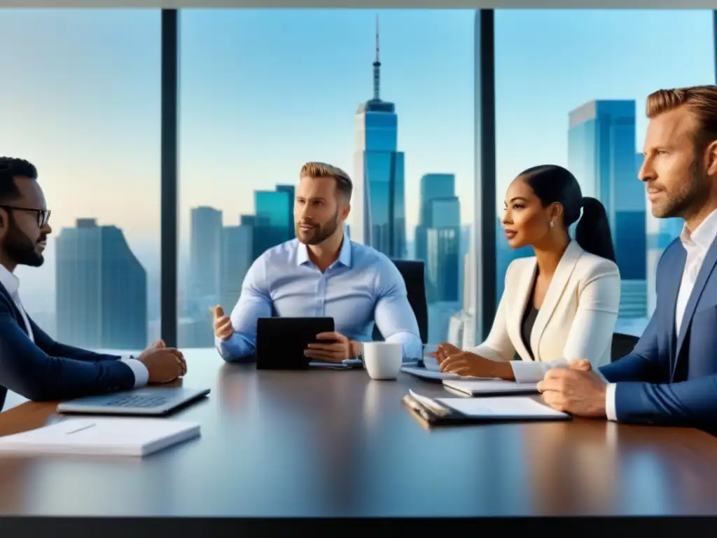 Profesionales en reunión: diversidad y colaboración en oficina moderna Profesionales en una oficina moderna discuten sobre financiamiento inmobiliario
