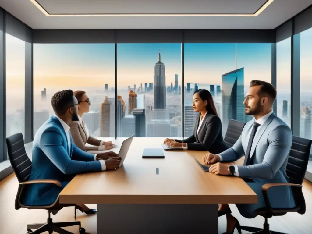 Profesionales en moderna oficina discuten préstamos inmobiliarios en economías emergentes Profesionales en oficina moderna, discuten financiamiento inmobiliario en economías emergentes