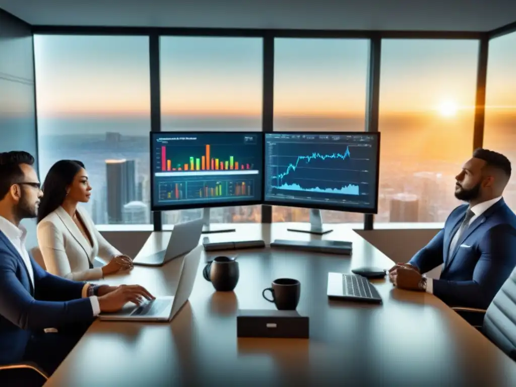 Profesionales en oficina moderna discuten financiamiento inmobiliario cambios regulatorios, con ambiente sofisticado y cálido