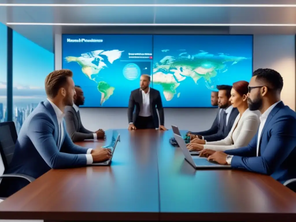 Reunión de profesionales en oficina futurista con tecnología de vanguardia Profesionales en oficina moderna, discuten estructuración fiscal inversiones inmobiliarias extranjero