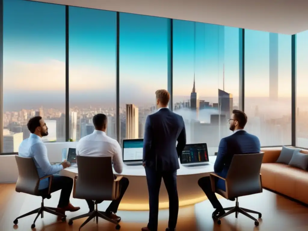 Profesionales analizando gráficos financieros en oficina moderna Profesionales en oficina moderna analizando gráficos financieros en pantalla gigante, reflejando colaboración y planificación estratégica