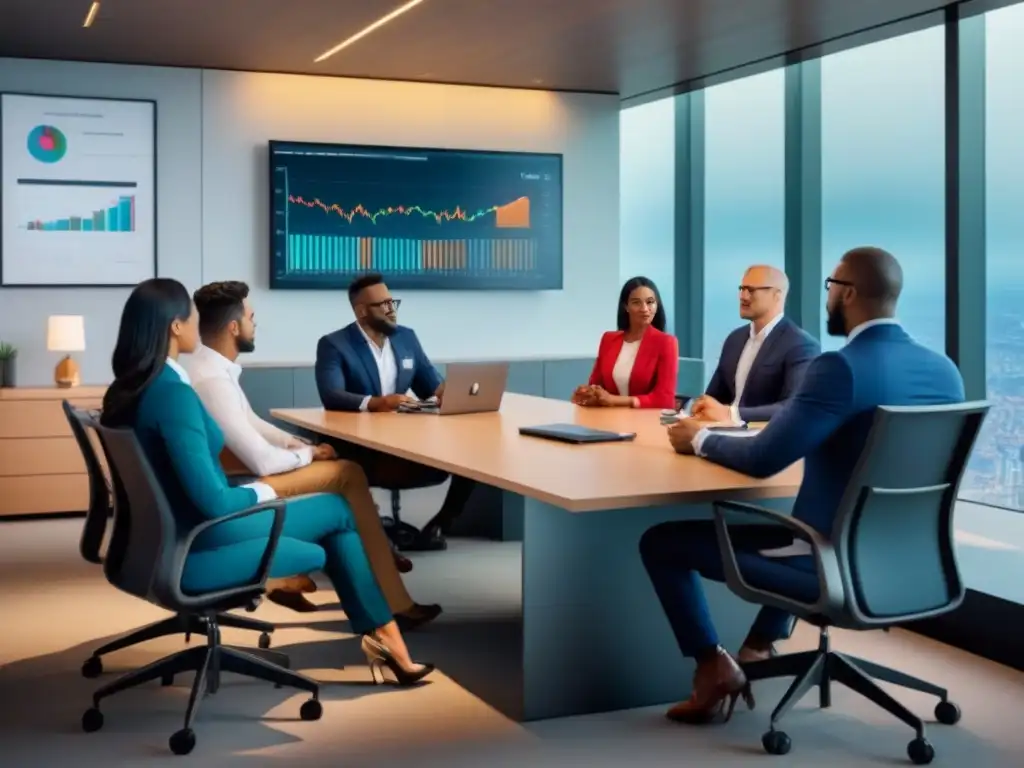 Profesionales analizan gráficos de inversión en oficina moderna Profesionales en oficina moderna analizando gráficos financieros