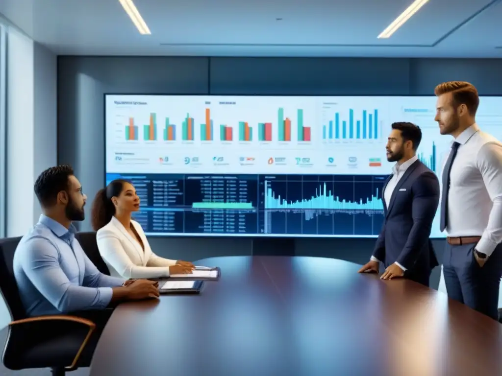 Reunión de profesionales en oficina moderna con gráficos financieros Profesionales colaborando en una oficina moderna con gráficos financieros