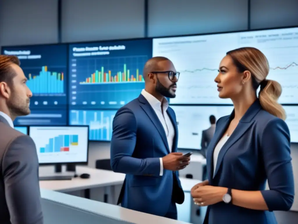 Profesionales colaborando en oficina moderna con gráficos financieros Profesionales en oficina moderna, colaborando con gráficos financieros