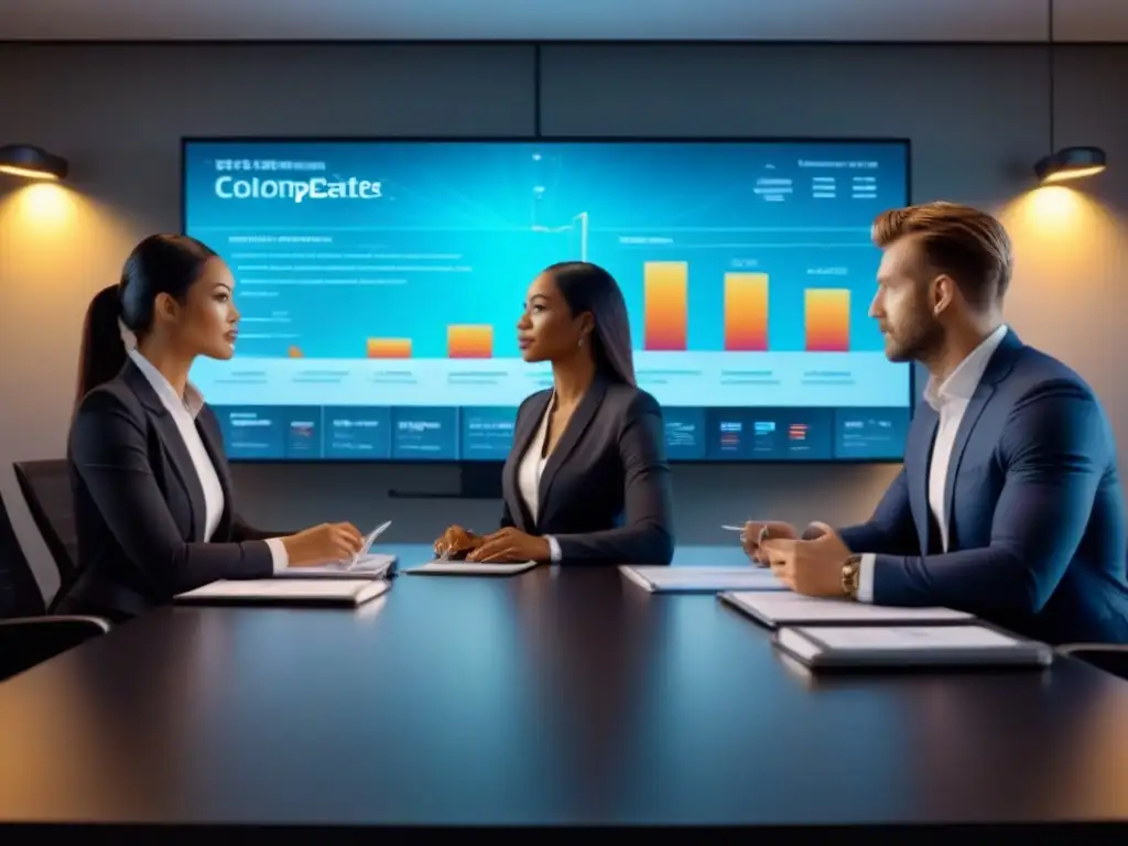 Innovación en Real Estate: Profesionales colaborando en oficina futurista con hologramas Profesionales en oficina moderna con gráficos holográficos proyectados
