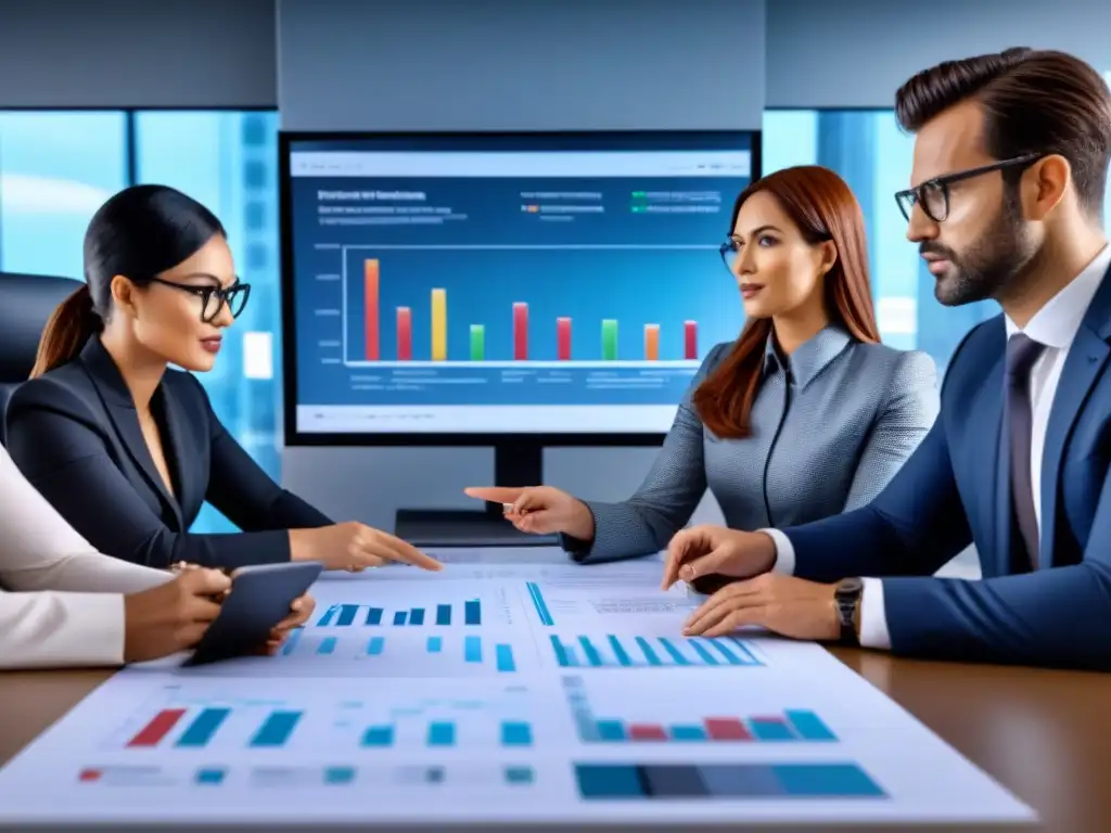 Profesionales colaborando en una oficina moderna con gráficos y calculadoras, enfocados en maximizar el retorno de inversiones