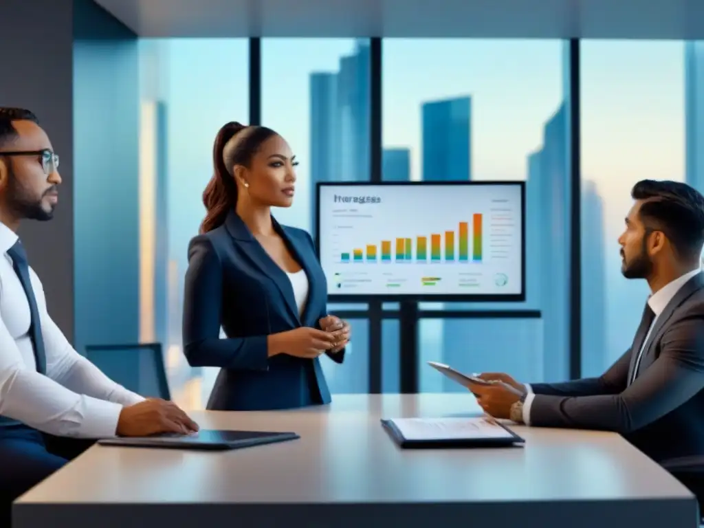 Profesionales diversificados en oficina moderna con hipotecas basadas en ingresos Profesionales en oficina moderna discuten hipotecas basadas en ingresos futuros