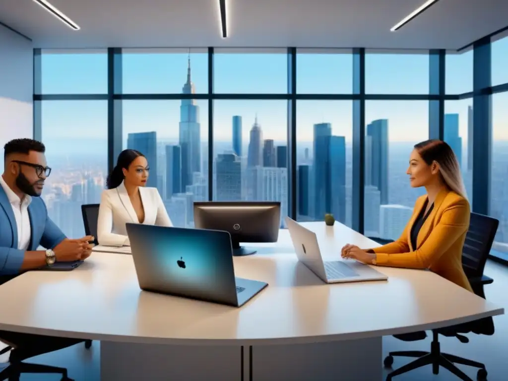 Equipo de profesionales en oficina moderna: innovación inmobiliaria Profesionales colaborando en una oficina moderna, simbolizando innovación en la industria inmobiliaria
