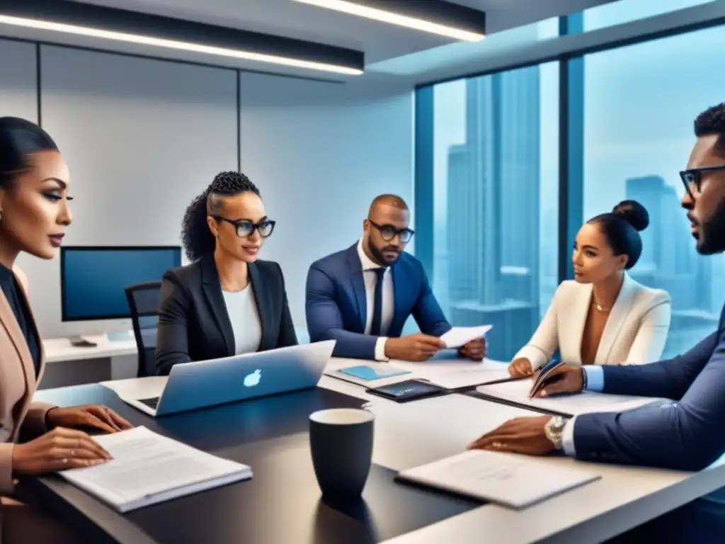 Profesionales colaboran en oficina moderna planificando ingresos futuros para solicitud hipoteca
