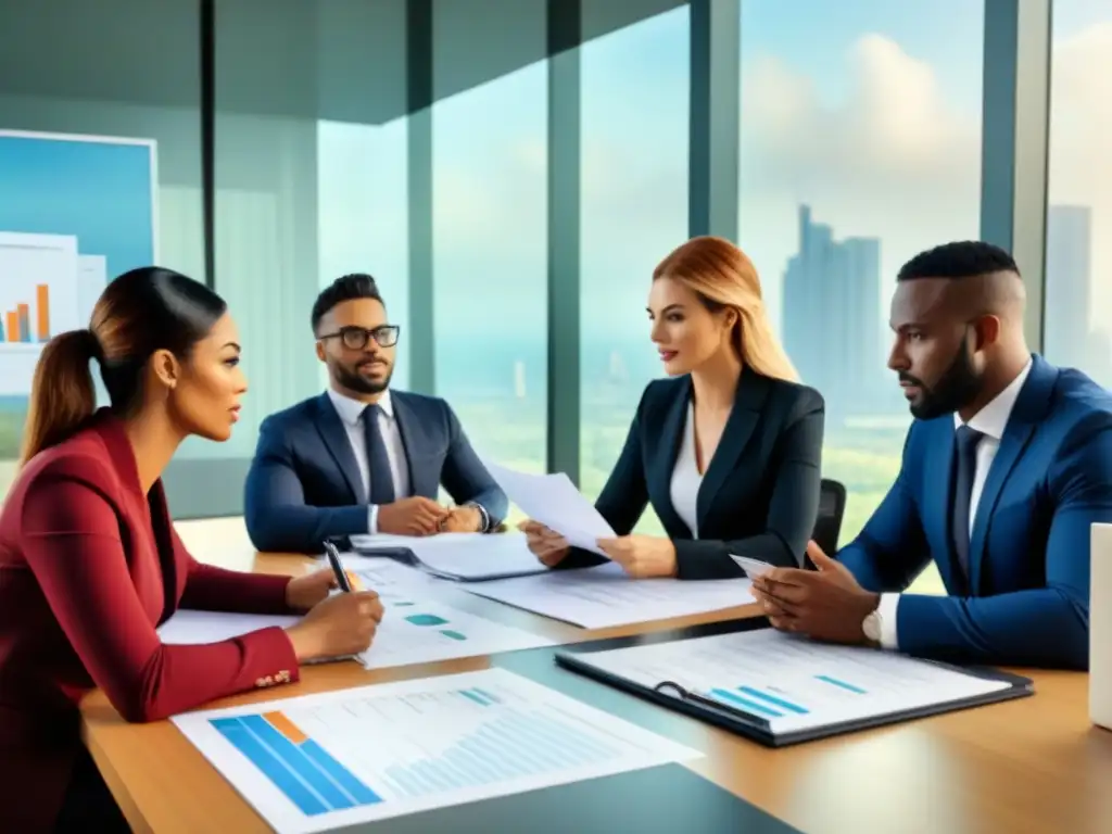 Reunión estratégica de profesionales en oficina moderna Profesionales en oficina moderna discuten educación financiamiento inmobiliario paso a paso