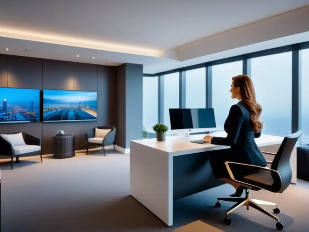 Oficina de lujo: Profesionales de seguros y agentes inmobiliarios colaborando Profesionales colaborando en oficina moderna y lujosa, tecnología avanzada