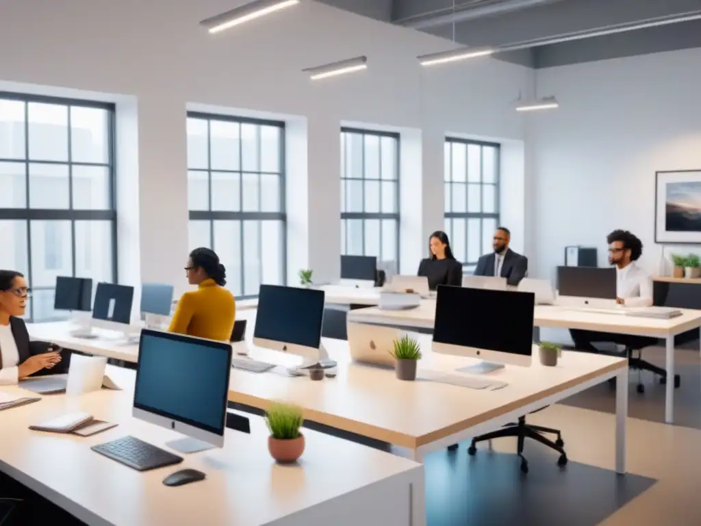 Equipo diverso y eficiente en oficina moderna Profesionales colaborando en una oficina moderna y luminosa