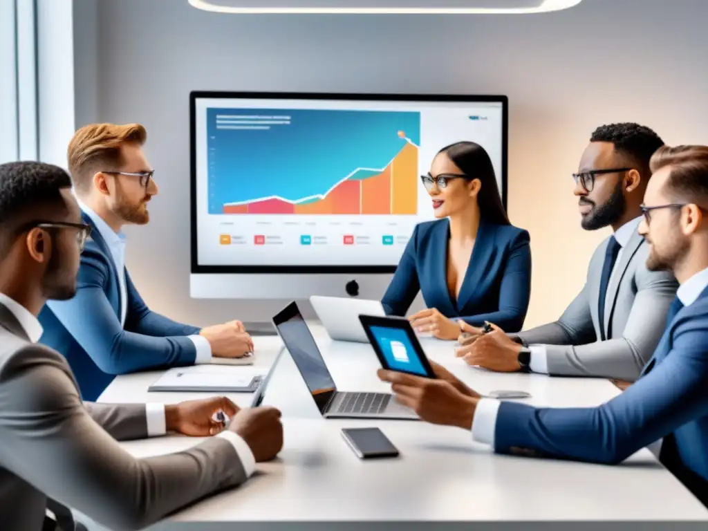 Equipo diverso optimiza marketing de seguros Profesionales colaborando en una oficina moderna, discutiendo sobre marketing de contenidos para seguros