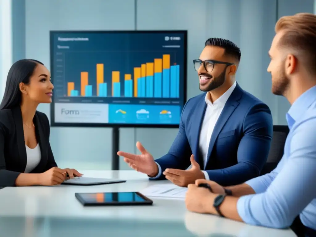 Profesionales en discusión: Financiamiento inmobiliario Profesionales colaborando en oficina moderna, discutiendo mejores prácticas financiamiento inmobiliario