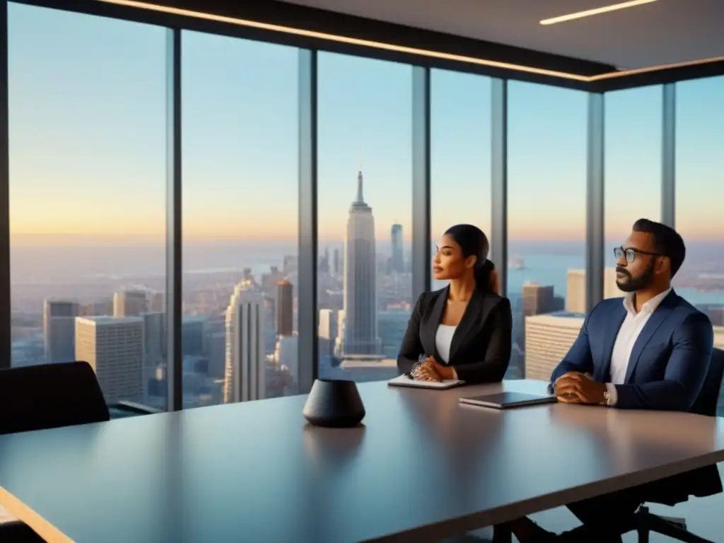 Profesionales innovadores en moderna oficina de finanzas inmobiliarias Profesionales colaborando en oficina moderna para microcréditos de financiamiento inmobiliario