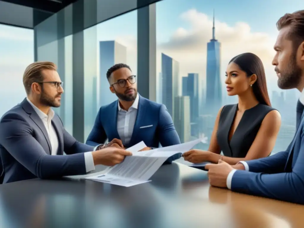 Profesionales debaten regulaciones inmobiliarias en oficina moderna Profesionales en una oficina moderna discuten sobre normativa local cambios 2023