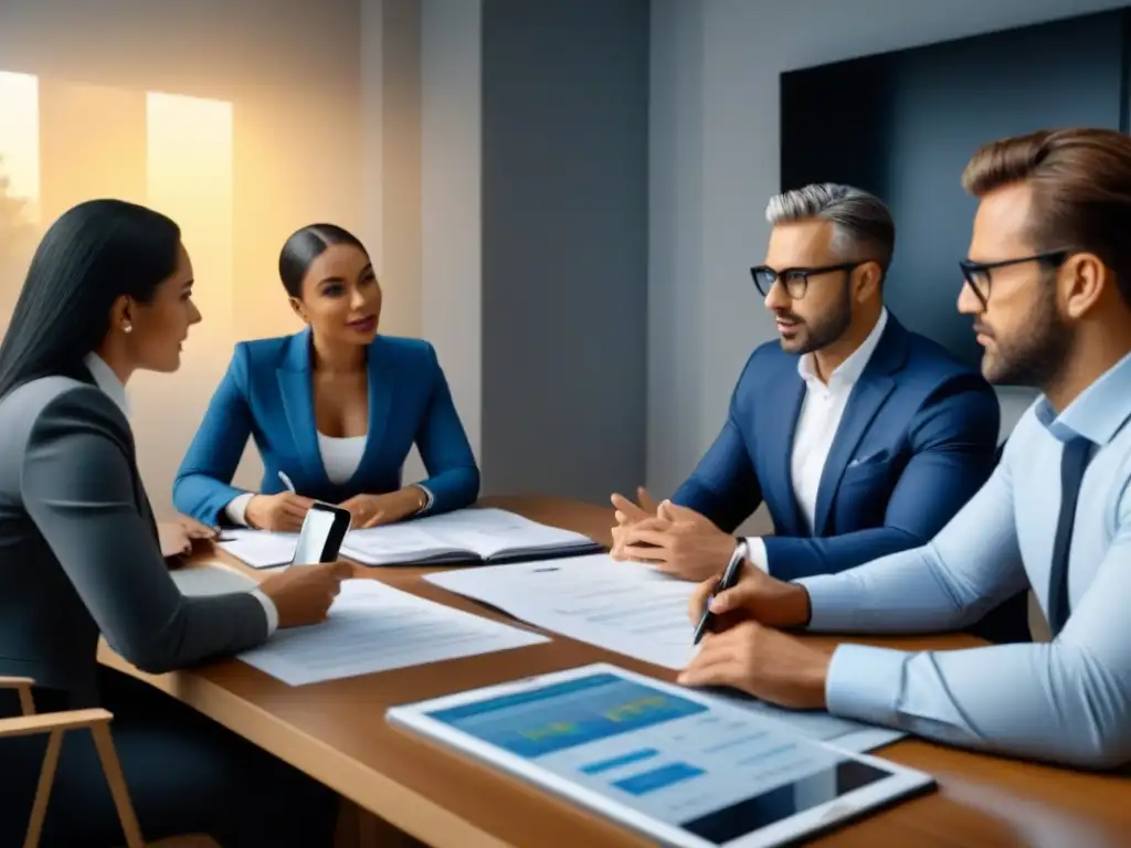 Profesionales en oficina moderna discuten opciones de financiamiento inmobiliario