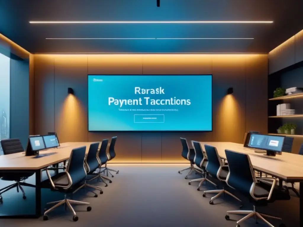 Oficina futurista con analíticas de pagos en bienes raíces Profesionales en oficina moderna con pantalla digital mostrando análisis de pagos inmobiliarios