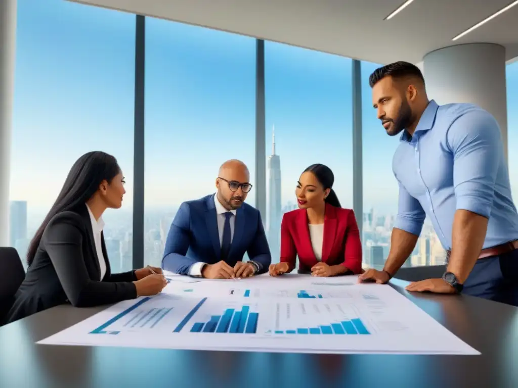Equipo profesional en discusión en oficina moderna Profesionales colaborando en una oficina moderna con planos y gráficos financieros