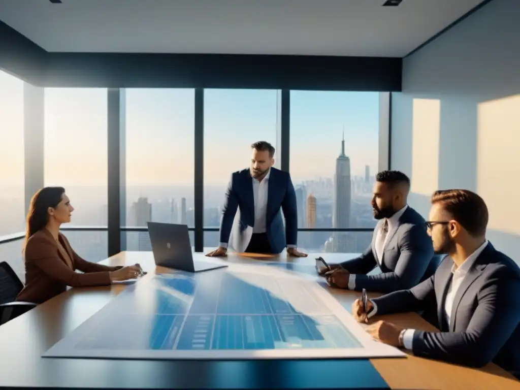Profesionales colaborando en oficina moderna con planos y gráficos financieros, reflejando alianzas estratégicas financiamiento inmobiliario